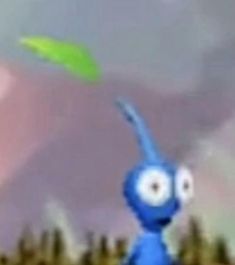 an animated blue bug flying through the air with a green leaf in it's mouth