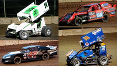 four different race cars racing on dirt and mud, with one being lifted off the ground