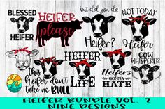 some cows with red bows on their heads and the words, which are in different languages