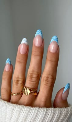 Wave French Tip Nails, Sky Blue French Tip, Beachy Nail Designs, French Nails Design, Blue French Tip Nails, Blue French Tip, Wave Nails