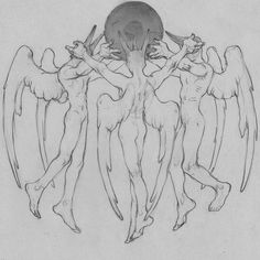 a drawing of three angels with their heads in the air and hands on top of each other