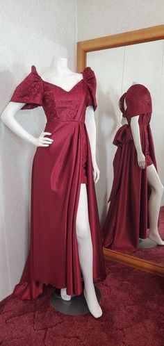 Handmade Burgundy Off-shoulder Crepe Satin with Lace detachable Filipiniana Sleeves. Style: One piece outfit Fabrics: Burgundy crepe satin, Burgundy lace Other materials: Plastic stick boning, bra cups, interfacing and pellon for the sleeves. Neckline: Off-shoulder Sleeve Style: Off-Shoulder sleeves with detachable Filipiniana/terno sleeves. Front details: Burgundy lace with pleated burgundy crepe satin Back Details: Zipper on the back of the dress Skirt details: Short skirt lace 18 inches from Filipiniana Dress Modern Philippines, Filipiniana Sleeves, Philippines Dress, Modern Filipiniana Gown, Filipino Fashion, Gown Plus Size, Burgundy Lace