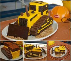 a cake made to look like a bulldozer is on a plate next to construction equipment