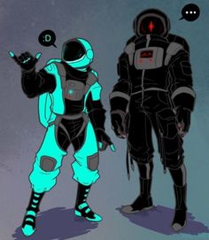 two people in space suits standing next to each other, one pointing at the sky