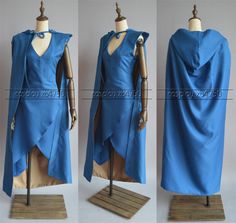 three views of a blue caped dress on mannequins with wooden stand