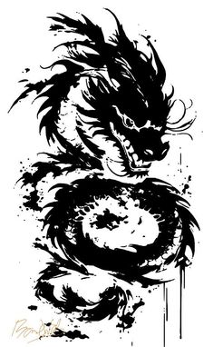 a black and white drawing of a dragon