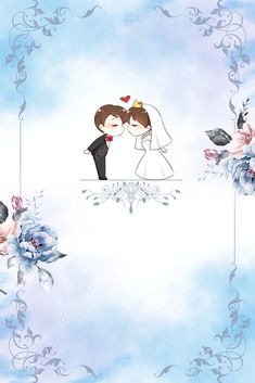 two people are kissing in front of blue sky and white clouds with flowers around them