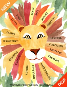 a watercolor drawing of a lion's head with words on it