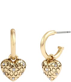 From COACH&#x2C; the Signature Logo Quilted Crystal Heart Huggie Hoop Drop Earrings feature:Brass/glass crystal/titanium postApprox. 0.75" L x 0.4" W x 0.4" Post-back closureMinimal huggies featuring dangling heart charms adorned with quilted signature sculpted C motif and delicate crystal stone accentsHypoallergenic titanium postsIncludes signature COACH jewelry pouchImported. Luxury Heart Charm Earrings, Elegant Coach Heart Shaped Jewelry, Elegant Coach Heart-shaped Jewelry, Coach Heart-shaped Gold Jewelry, Luxury Gold Heart-shaped Hoop Earrings, Coach Gold Heart-shaped Jewelry, Coach Earrings, Coach Jewelry, Signature Quilts