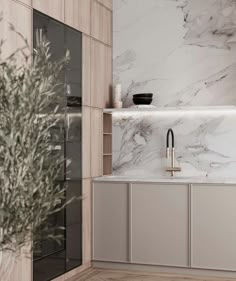 a kitchen with marble counter tops and white cupboards next to a potted plant