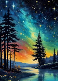 the night sky with stars and trees on it is painted in acrylic paint