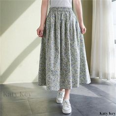 Literary Style Cotton Printed Midi Skirt with Small Floral Pattern, High Waist, and Flowy Hemline Small Floral Pattern, Flowy Midi Skirt, Swimwear Sets, Swimsuit Dress, Satin Skirt, Light Blue Color, Types Of Skirts, Flare Skirt