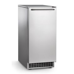 a stainless steel freezer sitting on top of a white surface