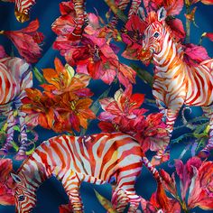 an image of zebras surrounded by flowers and leaves on a blue background in the wild