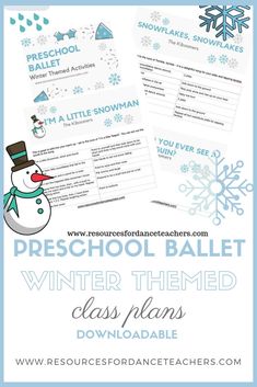 the preschool snowman winter themed class plan is shown with text overlaying it