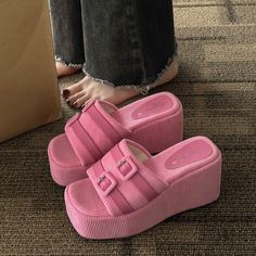 Color: Pink, Black Upper Material: PU Category: One-Shaped Style: British Toe Shape: Square Head Sole material: Rubber Lining Material: PU Mode Rose, Open Toe Slippers, Wedges Style, Pink Sandals, Platform Slippers, Platform Sandals Heels