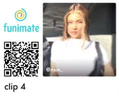 a woman with long blonde hair is wearing a white shirt and has a qr code on her chest