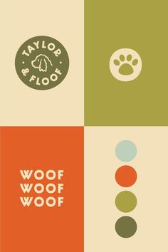 four different types of logos with the words woof woof woof on them