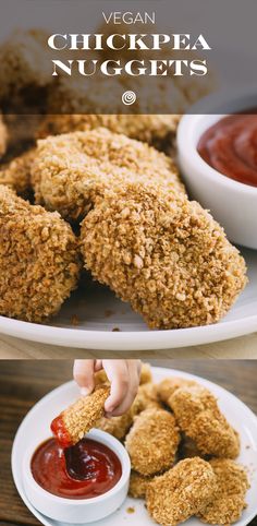 chicken nuggets on a plate with ketchup and dipping sauce