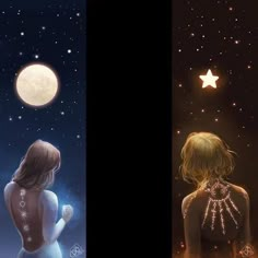 two women looking up at the stars in the night sky, one with her back to the camera