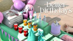 there is a birthday cake, soda cans and other items on the table with balloons in the background