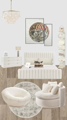 a bedroom with white furniture and artwork on the wall