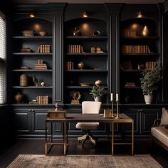 a home office with black walls and built - in bookshelves