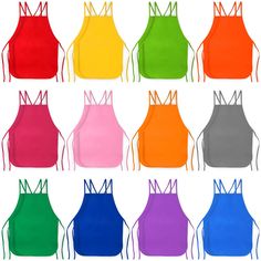 six different colors of aprons with ties on each one side and the other half