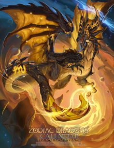 an image of a dragon with yellow wings and fire on its back, flying through the air