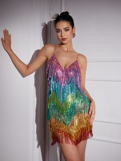 Indy V Neck Rainbow Crystal Fringe Mini Dress Rainbow Fringe Dress, Rainbow Fringe, Crystal Fringe, V Neck Design, 30th Party, Fringe Mini Dress, Chain Dress, Bandage Midi Dress, Mesh Maxi Dress