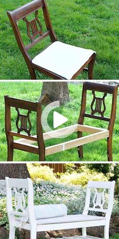 the before and after photos show how to make an outdoor bench out of old chairs