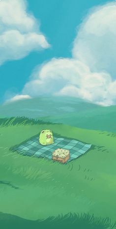 an anime scene with a picnic blanket and cake on the grass in front of some clouds