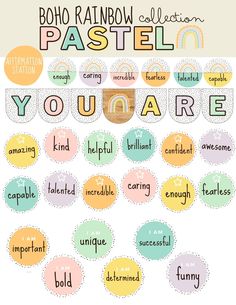 a poster with the words you are in different colors and shapes, including letters that spell out