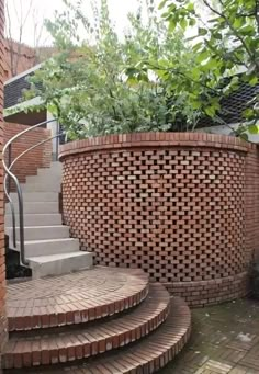 an outdoor area with brick steps and plants