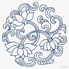 a blue and white drawing of flowers in a circular design with swirls on it