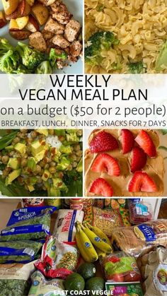 a collage of vegan meal plans including broccoli, strawberries and other foods