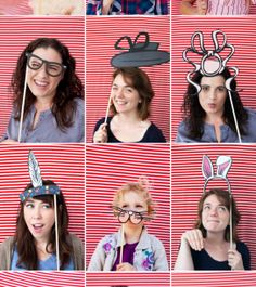 four different pictures of women wearing hats and holding sticks in front of their faces with the same hat on them