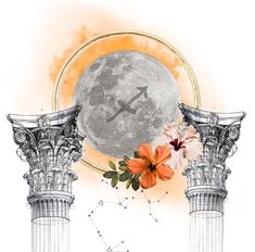 an artistic drawing of the moon and two columns with flowers on them, in front of a white background