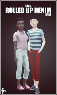 two children standing next to each other in front of a black background with the words rolled up denim jeans