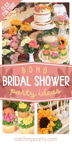 a bridal shower party with sunflowers and cupcakes