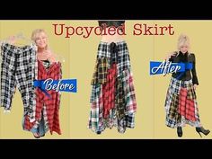 an image of a woman wearing plaid pants with the words upcycled skirt before and after