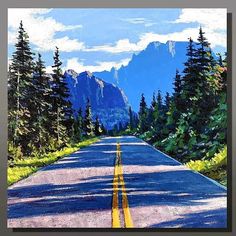 an oil painting of a road with mountains in the background and trees on both sides