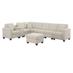 a white sectional couch with ottoman and footstool in front of a white background