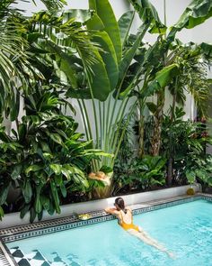 a woman swimming in a pool surrounded by tropical plants