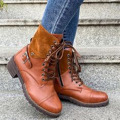 Category:Boots; Upper Materials:PU; Embellishment:Buckle; Season:Spring,Fall,Winter; Heel Type:Block Heel; Gender:Women's; Size Suggestion:select one size smaller than usual; Toe Shape:Round Toe; Type:Booties Ankle Boots; Style:Vintage,Casual,Minimalism; Heel Height(inch):1-2; Outsole Materials:Rubber; Occasion:Daily,Outdoor; Closure Type:Lace-up,Zipper; Listing Date:09/06/2023; Production mode:Self-produce; 2024 Trends:Combat Boots,Plus Size,Lace Up Boots; Foot Length:null; Foot Width:null; Heel Height:Low Heel Latest Fashion Shoes, Woman Boots, Popular Boots, Boots Woman, Indie Style, Boots For Short Women, Woman Shoes, Low Heel Shoes, Boots Winter