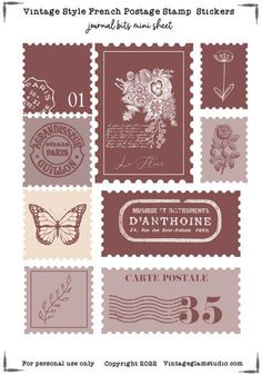 some stamps with different designs on them and the words, vintage style french postage stickers