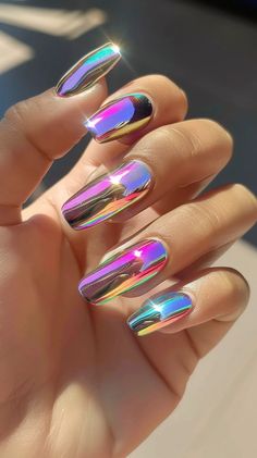 Nails Acrylic Festival, Metallic Summer Nails, Colorful Summer Nails 2024, Birthday Chrome Nails, 70s Disco Nail Designs, Chrome Nail Inspiration, Chrome Neon Nails, New Nails Design 2024, Lisa Frank Nail Designs