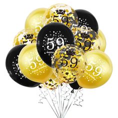 black and gold 50th birthday balloons in a vase