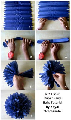 instructions to make an origami flower with blue and red paper flowers on it