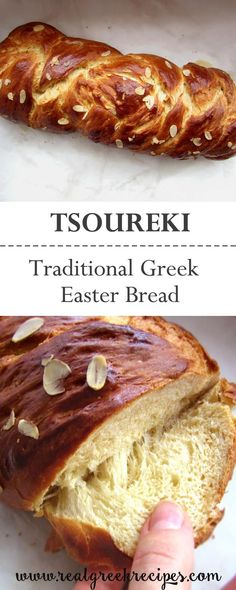 a loaf of bread with nuts on top and the words tsourki traditional greek easter bread